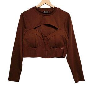 Jolie & Joy Women's 2X Brown Knit Mesh Corset Top Pullover High Neck Crop Top